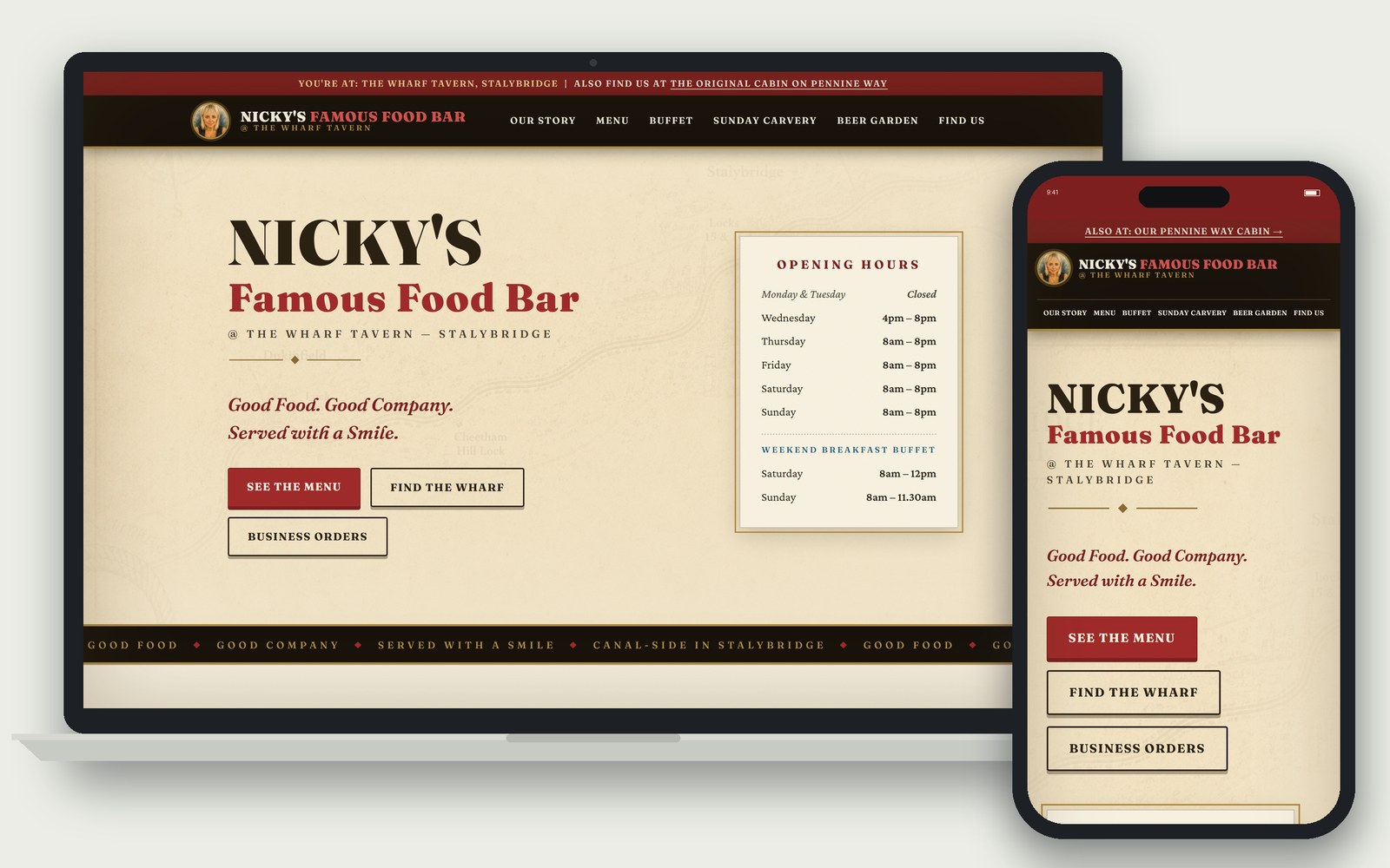 The Nicky's Famous Food Bar website we built, shown on a laptop and a phone